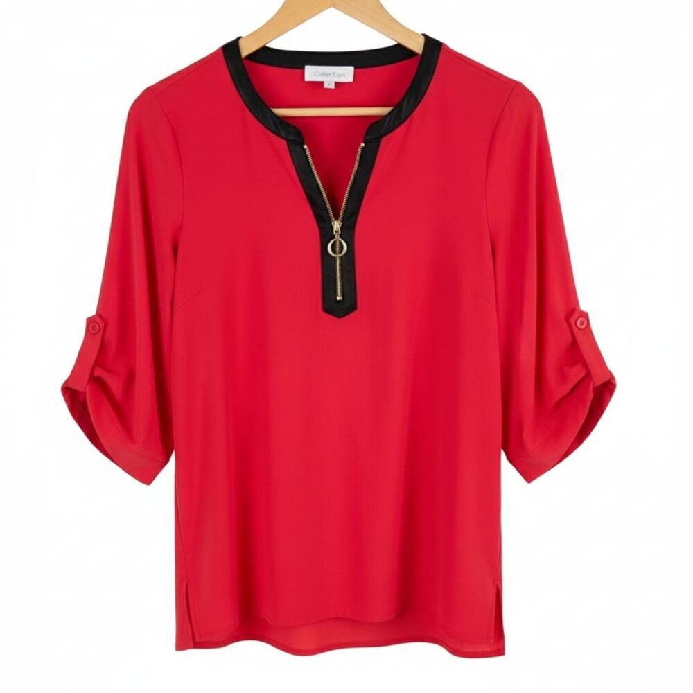 Calvin Klein Red Tunic Top w/Faux Leather Collar Gold Zip & 3/4 Tab Sleeves Sz S - Picture 6 of 7